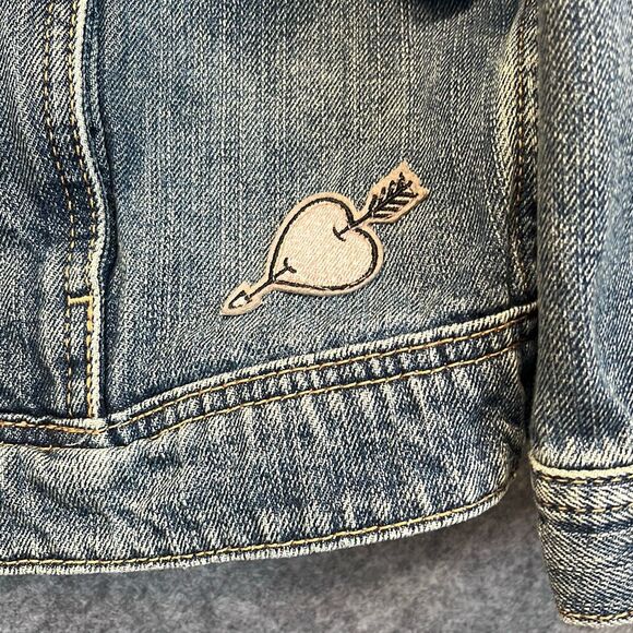 AMERICAN EAGLE Denim Jean Jacket Women's Large Blue Patches Boyfriend Trucker - Picture 8 of 16